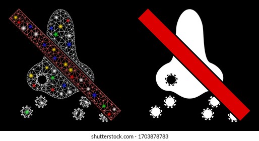 Glossy mesh forbidden nasal virus spread with glare effect. Abstract illuminated model of forbidden nasal virus spread icon.