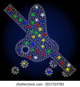 Glossy mesh forbidden nasal virus spread with glow effect. Abstract illuminated vector model of forbidden nasal virus spread icon on a dark blue gradiented background.