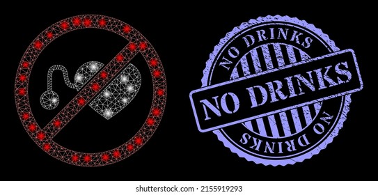 Glossy mesh forbidden pacemaker with glowing spots, and No Drinks blue round unclean seal print. Vector constellation created from forbidden pacemaker icon. Sparkle carcass mesh forbidden pacemaker.
