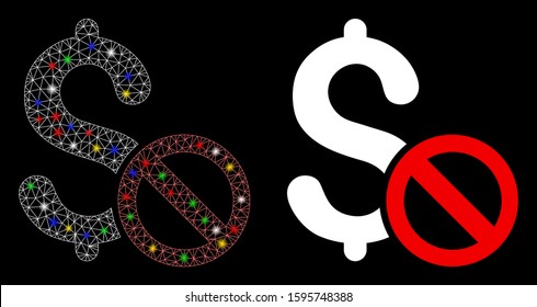 Glossy mesh forbidden payment icon with glow effect. Abstract illuminated model of forbidden payment. Shiny wire frame triangular mesh forbidden payment icon. Vector abstraction on a black background.