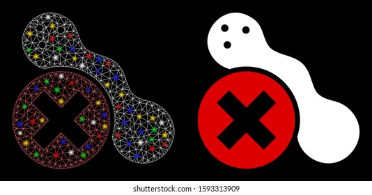 Glossy mesh forbidden peanut icon with glitter effect. Abstract illuminated model of forbidden peanut. Shiny wire frame triangular mesh forbidden peanut icon. Vector abstraction on a black background.