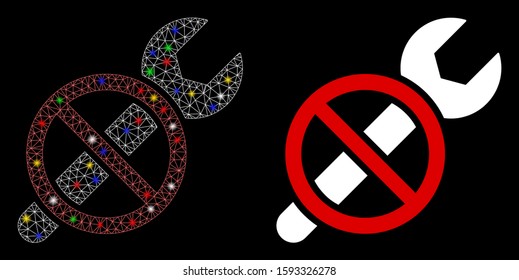 Glossy mesh forbidden repair icon with glitter effect. Abstract illuminated model of forbidden repair. Shiny wire carcass polygonal mesh forbidden repair icon.