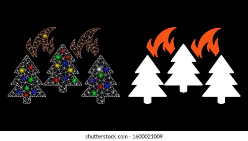 Glossy mesh forest fire disaster icon with glitter effect. Abstract illuminated model of forest fire disaster. Shiny wire frame triangular mesh forest fire disaster icon.