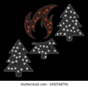 Glossy mesh forest fire with lightspot effect. Abstract illuminated model of forest fire icon. Shiny wire frame triangular mesh forest fire. Vector abstraction on a black background.