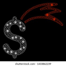 Glossy mesh fortune falling dollar with glow effect. Abstract illuminated model of fortune falling dollar icon. Shiny wire frame triangular network fortune falling dollar.