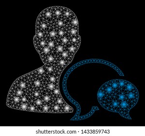 Glossy mesh forum moderator with glitter effect. Abstract illuminated model of forum moderator icon. Shiny wire frame triangular mesh forum moderator. Vector abstraction on a black background.