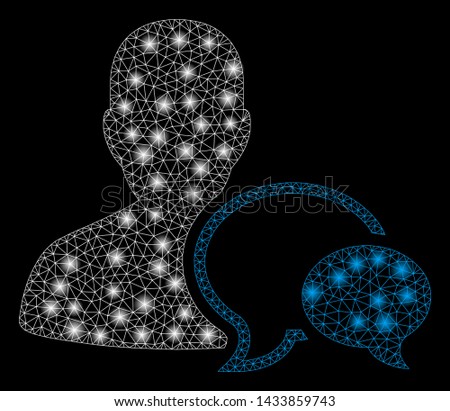Glossy mesh forum moderator with glitter effect. Abstract illuminated model of forum moderator icon. Shiny wire frame triangular mesh forum moderator. Vector abstraction on a black background.