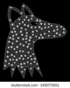 Glossy mesh fox head with sparkle effect. Abstract illuminated model of fox head icon. Shiny wire frame triangular mesh fox head. Vector abstraction on a black background.
