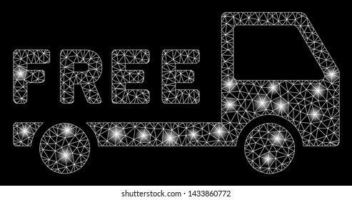 Glossy mesh free delivery with glare effect. Abstract illuminated model of free delivery icon. Shiny wire frame triangular mesh free delivery. Vector abstraction on a black background.