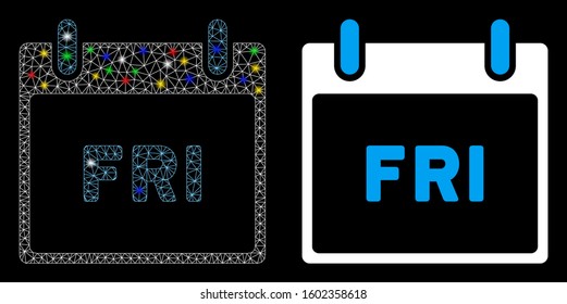Glossy mesh Friday calendar page icon with sparkle effect. Abstract illuminated model of Friday calendar page. Shiny wire frame triangular mesh Friday calendar page icon.