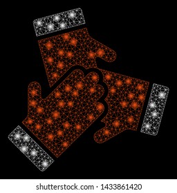 Glossy mesh friendship with glow effect. Abstract illuminated model of friendship icon. Shiny wire carcass polygonal mesh friendship. Vector abstraction on a black background.