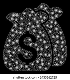Glossy mesh funds with glitter effect. Abstract illuminated model of funds icon. Shiny wire carcass triangular mesh funds. Vector abstraction on a black background.