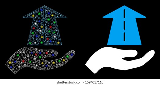 Glossy mesh future care hand icon with lightspot effect. Abstract illuminated model of future care hand. Shiny wire carcass triangular mesh future care hand icon.