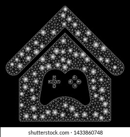 Glossy mesh game center building with glow effect. Abstract illuminated model of game center building icon. Shiny wire frame polygonal mesh game center building.