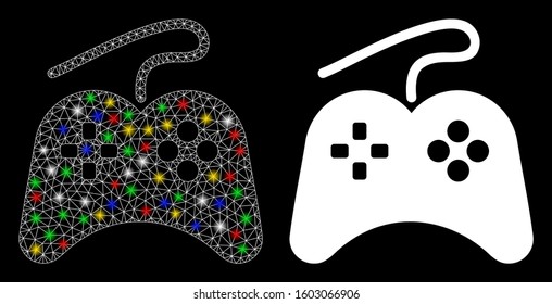 Glossy mesh gamepad icon with glare effect. Abstract illuminated model of gamepad. Shiny wire frame polygonal network gamepad icon. Vector abstraction on a black background.