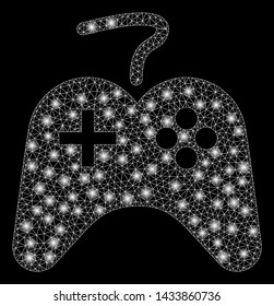 Glossy mesh games console with glare effect. Abstract illuminated model of games console icon. Shiny wire frame polygonal network games console. Vector abstraction on a black background.