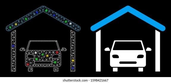 Glossy mesh garage car icon with glare effect. Abstract illuminated model of garage car. Shiny wire frame polygonal mesh garage car icon. Vector abstraction on a black background.