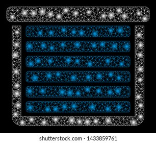 Glossy mesh garage closed with lightspot effect. Abstract illuminated model of garage closed icon. Shiny wire carcass polygonal mesh garage closed. Vector abstraction on a black background.