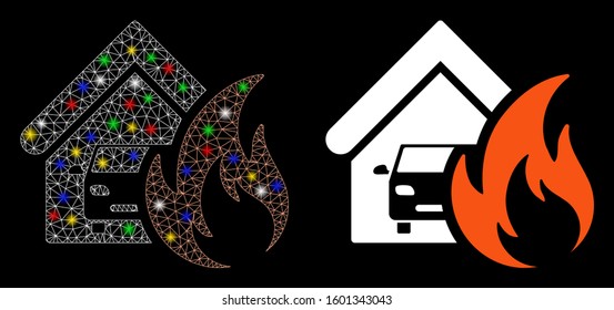 Glossy mesh garage fire disaster icon with glare effect. Abstract illuminated model of garage fire disaster. Shiny wire carcass triangular mesh garage fire disaster icon.