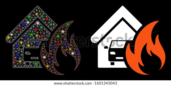 Glossy mesh\
garage fire disaster icon with glare effect. Abstract illuminated\
model of garage fire disaster. Shiny wire carcass triangular mesh\
garage fire disaster\
icon.