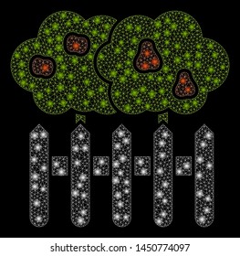Glossy mesh garden with glow effect. Abstract illuminated model of garden icon. Shiny wire frame triangular mesh garden. Vector abstraction on a black background.