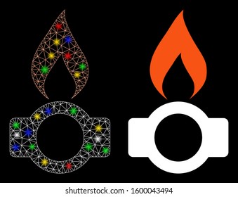 Glossy mesh gas flame icon with lightspot effect. Abstract illuminated model of gas flame. Shiny wire frame polygonal mesh gas flame icon. Vector abstraction on a black background.