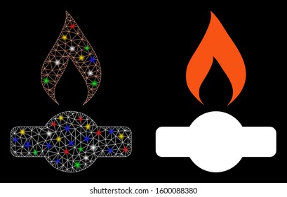 Glossy mesh gas flame icon with lightspot effect. Abstract illuminated model of gas flame. Shiny wire frame polygonal mesh gas flame icon. Vector abstraction on a black background.
