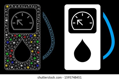 Glossy mesh gas station icon with glare effect. Abstract illuminated model of gas station. Shiny wire frame triangular mesh gas station icon. Vector abstraction on a black background.