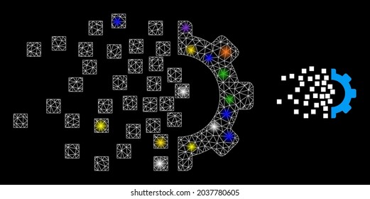 Glossy mesh gear assembling constellation icon with light spots. Illuminated vector constellation based on gear assembling pictogram. Sparkle carcass mesh gear assembling on a black background.