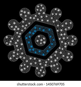 Glossy mesh gear with glare effect. Abstract illuminated model of gear icon. Shiny wire frame triangular mesh gear. Vector abstraction on a black background.