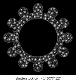 Glossy mesh gear with glare effect. Abstract illuminated model of gear icon. Shiny wire frame triangular mesh gear. Vector abstraction on a black background. Abstract 2d mesh designed with triangles,