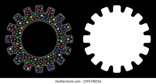 Glossy mesh gear icon with glitter effect. Abstract illuminated model of gear. Shiny wire frame triangular mesh gear icon. Vector abstraction on a black background.