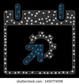 Glossy mesh gear integration calendar day with glitter effect. Abstract illuminated model of gear integration calendar day icon. Shiny wire carcass triangular mesh gear integration calendar day.