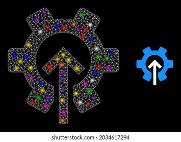 Glossy mesh gear integration constellation icon with light spots. Illuminated vector constellation is created from gear integration icon. Sparkle frame mesh gear integration on a black background.