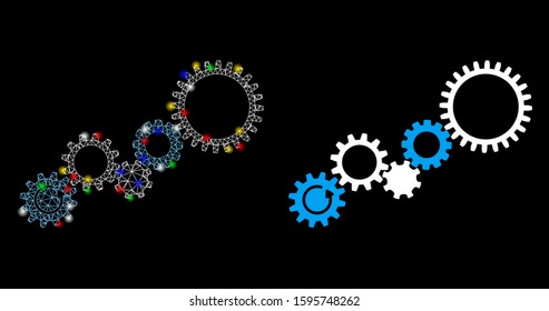 Glossy mesh gear mechanism icon with sparkle effect. Abstract illuminated model of gear mechanism. Shiny wire frame polygonal mesh gear mechanism icon. Vector abstraction on a black background.