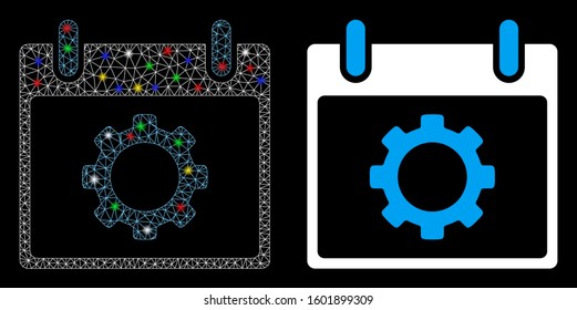 Glossy mesh gear options calendar day icon with glitter effect. Abstract illuminated model of gear options calendar day. Shiny wire carcass triangular mesh gear options calendar day icon.