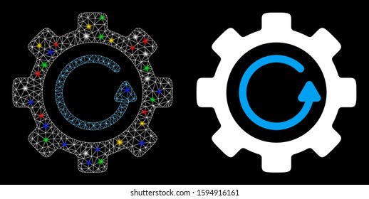 Glossy mesh gear rotation direction icon with lightspot effect. Abstract illuminated model of gear rotation direction. Shiny wire frame polygonal mesh gear rotation direction icon.