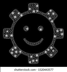 Glossy mesh gear smile smiley with lightspot effect. Abstract illuminated model of gear smile smiley icon. Shiny wire frame triangular network gear smile smiley.