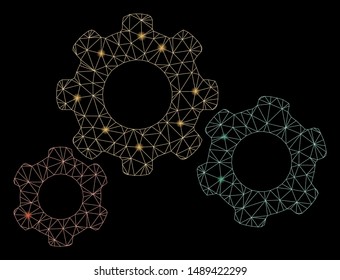 Glossy mesh gear system with sparkle effect. Abstract illuminated model of gear system icon. Shiny wire frame triangular mesh gear system. Vector abstraction on a black background.