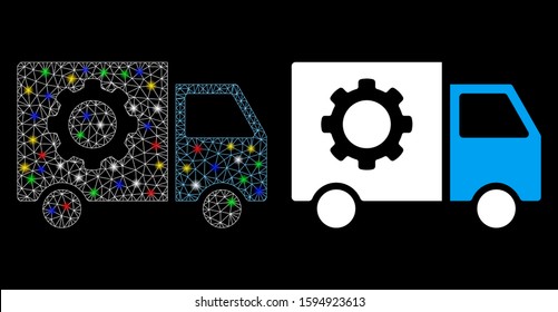 Glossy mesh gear tools delivery car icon with glow effect. Abstract illuminated model of gear tools delivery car. Shiny wire carcass polygonal mesh gear tools delivery car icon.