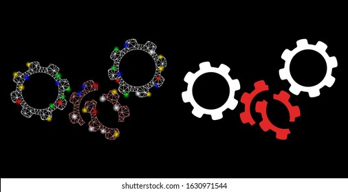 Glossy mesh gears damage icon with glow effect. Abstract illuminated model of gears damage. Shiny wire carcass polygonal mesh gears damage icon. Vector abstraction on a black background.