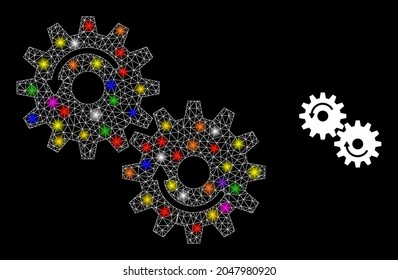 Glossy mesh gears rotation constellation icon with light spots. Illuminated vector model based on gears rotation glyph. Sparkle carcass mesh gears rotation on a black background.