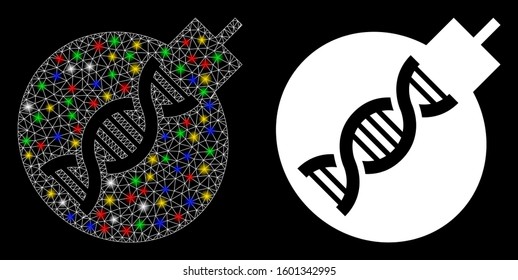 Glossy mesh genetic weapon icon with glare effect. Abstract illuminated model of genetic weapon. Shiny wire carcass polygonal mesh genetic weapon icon. Vector abstraction on a black background.