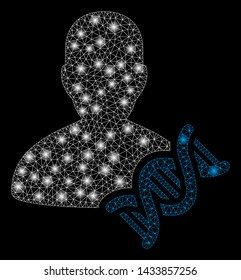 Glossy mesh geneticist DNA with lightspot effect. Abstract illuminated model of geneticist DNA icon. Shiny wire carcass triangular mesh geneticist DNA. Vector abstraction on a black background.
