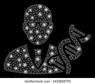 Glossy mesh geneticist with lightspot effect. Abstract illuminated model of geneticist icon. Shiny wire carcass polygonal mesh geneticist. Vector abstraction on a black background.