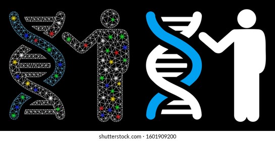 Glossy mesh genetics report icon with glare effect. Abstract illuminated model of genetics report. Shiny wire carcass triangular mesh genetics report icon. Vector abstraction on a black background.