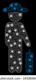 Glossy mesh gentleman baggage with glow effect. Abstract illuminated model of gentleman baggage icon. Shiny wire frame polygonal mesh gentleman baggage. Vector abstraction on a black background.
