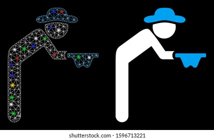 Glossy mesh gentleman beggar icon with glare effect. Abstract illuminated model of gentleman beggar. Shiny wire frame polygonal mesh gentleman beggar icon. Vector abstraction on a black background.