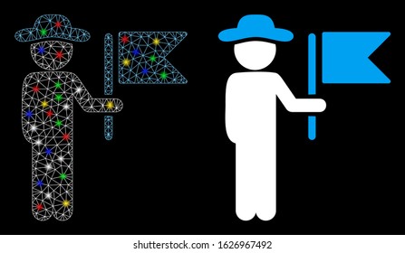 Glossy mesh gentleman commander icon with lightspot effect. Abstract illuminated model of gentleman commander. Shiny wire frame triangular mesh gentleman commander icon.