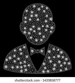 Glossy mesh gentleman with glitter effect. Abstract illuminated model of gentleman icon. Shiny wire frame triangular mesh gentleman. Vector abstraction on a black background.